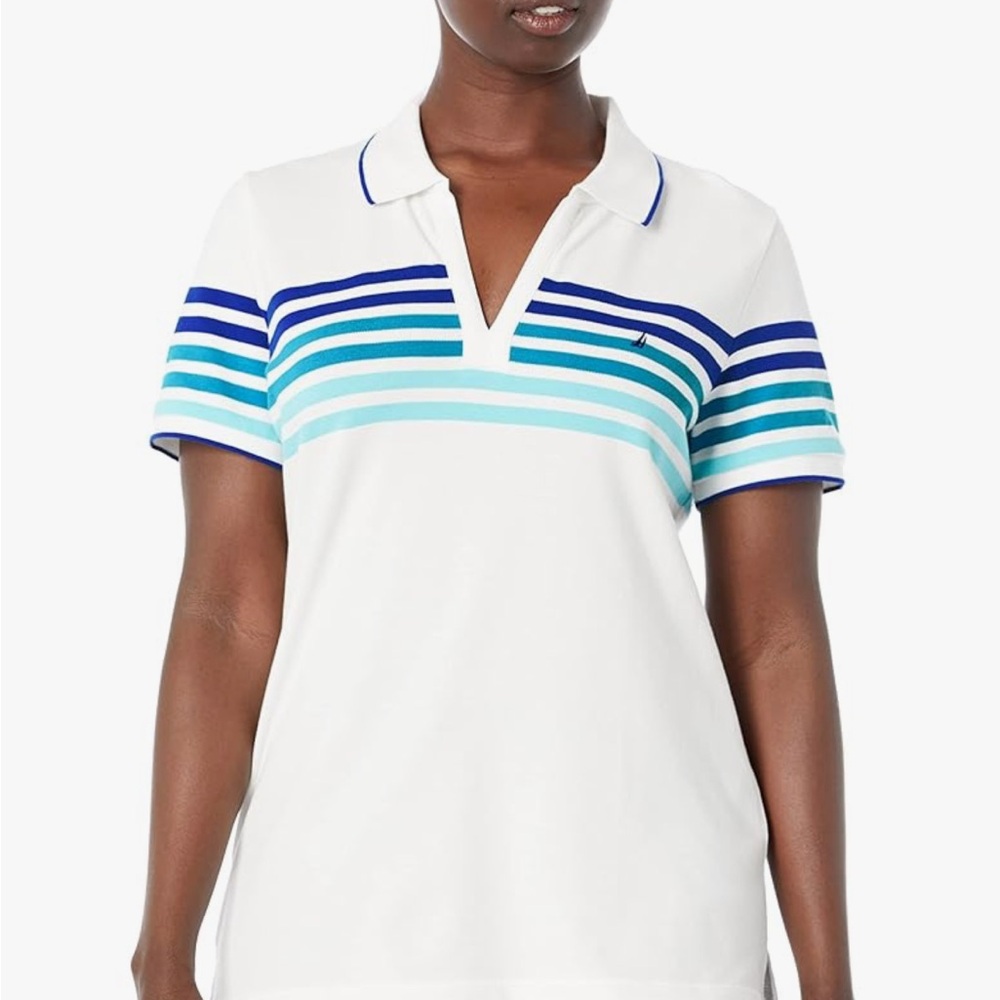 Nautica White Fitted Cap Sleeve Polo T-Shirt
